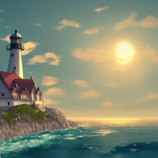 Prompt: beautiful cute cozy lighthouse by the sea, golden warm light, style of hayao miyazaki, digital art trending on artstation