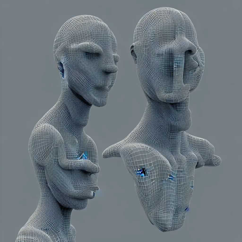 Image similar to 3 d render of a wireframe of a melted human head, sculpture, chrometype, liquid metal, neotribal, raytraced, volumetric lightning, 8 k, by zhelong xu, tooth wu, wlop, ouchh and and innate studio