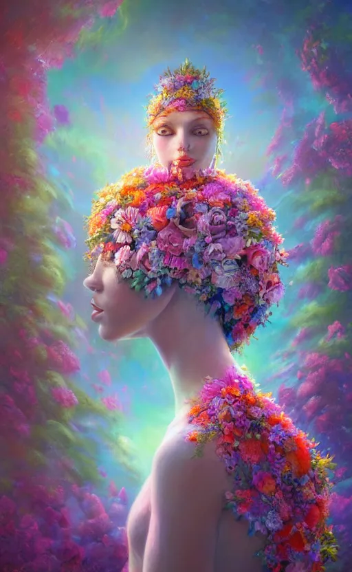 Image similar to a beautiful fantasy oil painting hyperrealism of a beautiful woman, flowers, floral headdress, 8 k resolution, octane render, trending on artstation, by gediminas pranckevicius, volumetric light 2 blue fractal thunder glow by dan mumford, anaglyph effect, laurie lipton