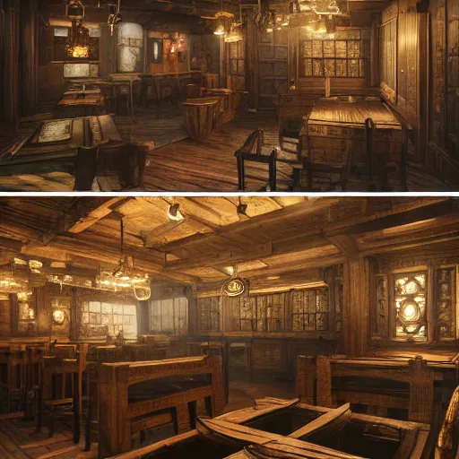 Prompt: Realistic Interior Concept design of very very very highly detailed Tavern in style of Medieval and in style of Cyberpunk, Many details by Hiromasa Ogura. More cyberpunk a lot less Medieval. Panorama 360 degrees Rendered in unreal engine 5, artstationHD, 4k, 8k, 3d render, 3d Houdini, cinema 4d, octane RTX volumetric natural light