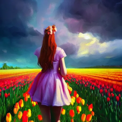 Image similar to large tulip head, girl walking in a flower field, surreal photography, sunrise dramatic light, impressionist painting, colorful clouds, digital painting, artstation, simon stalenhag, flower face