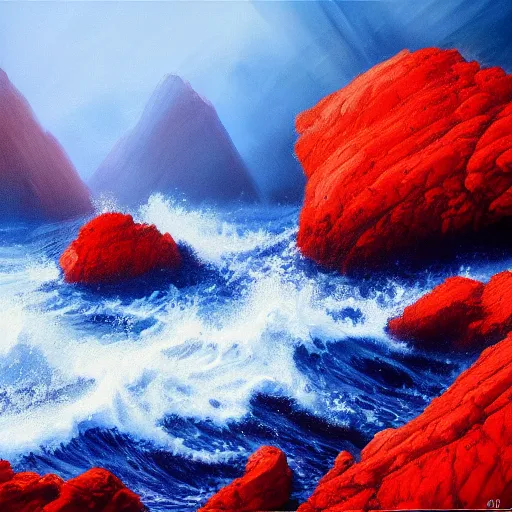 Image similar to Gorgeous detailed oil painting of a red sea covered in big blue rocks, the further away the mistier it gets, dark aesthetic, atmospheric, moody, highly detailed, masterpiece, award winning, 4k