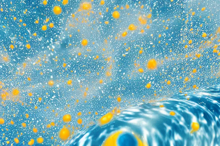 Image similar to wave of water particles, light blue, yellow orange, and light brown colors, white foam, curl noise, vortex, simulation, reflection, featured on behance, uhd image, media art, motion graphic, particles, fluids, 3 d, rendering, octane