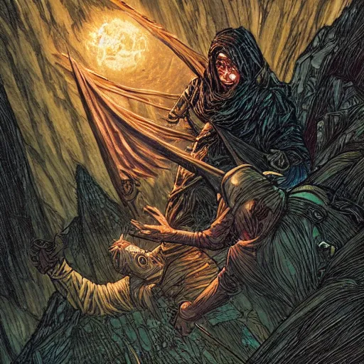 Image similar to the dark hooded thief with a glint in his eye slays the morrigan, beautiful and terrible, on a cliffside. award winning fantasy concept art by rebecca guay and dan mumford.