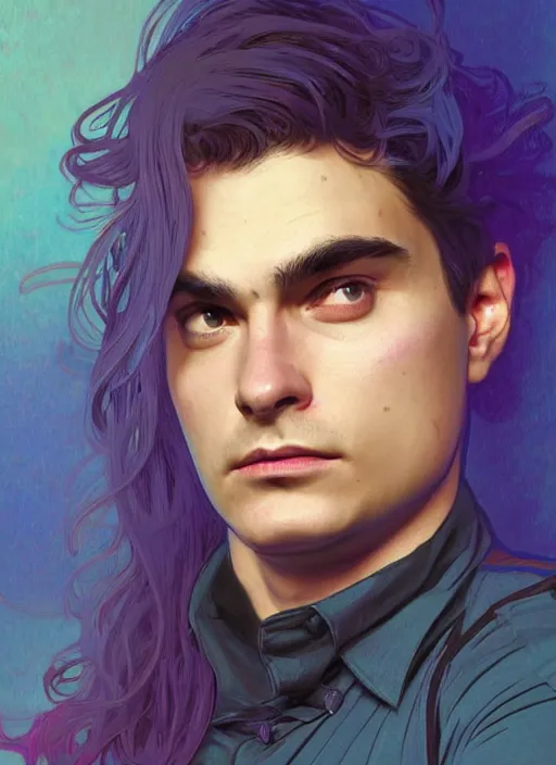 Image similar to Ben Shapiro as a transgender, gay colors, queer theme, rainbow hair , sigma male, accurately portrayed, portrait art by alphonse mucha and greg rutkowski, highly detailed, digital painting, concept art, illustration, dim lighting with twilight rays of sunlight, trending on artstation, very detailed, smooth, sharp focus, octane render, close up