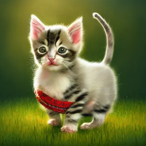 Prompt: beautiful digital realistic painting of a cute kitten with yarn in the grass painted by Alexander Jansson, colorful,4k unreal engine, Trending on artstation