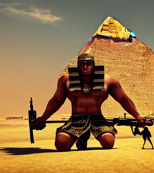 Image similar to a beefy man with a machine gun, egyptian pyramid in the background, 4 k, sharp focus, illustration, highly detailed, cinematic, photorealistic, cyberpunk