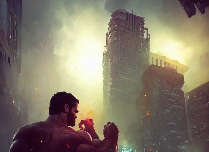 Image similar to seattle being attacked by henry cavill as a hulking herculean demon, by beeple and maciej kuciara and greg rutkowski