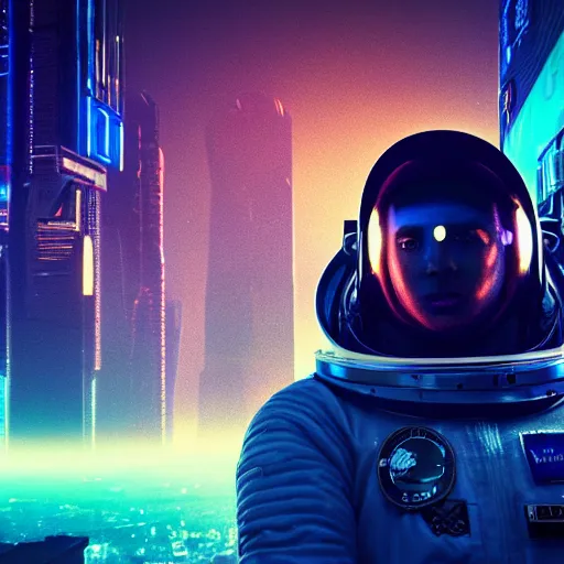 Prompt: professional photo of astronaut from front standing very close to camera from low angle shot, cyberpunk city on background, synthwave, blade runner, hyperrealistic masterpiece, trending on artstation, cgsociety, kodakchrome, golden ratio, cinematic, composition, beautiful lighting, hyper detailed, sharp focus, octane render, 4 k, unreal engine