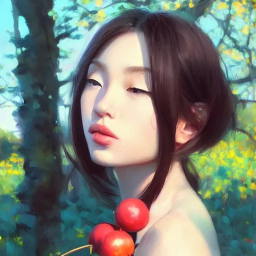 Image similar to oil painting by ilya kuvshinov,, baugh casey, rhads, coby whitmore, of a youthful japanese beauty, long hair, holding candied apple, outdoors, highly detailed, breathtaking face, studio photography, dawn, intense subsurface scattering, blush, supple look, innocence, intense sunlight