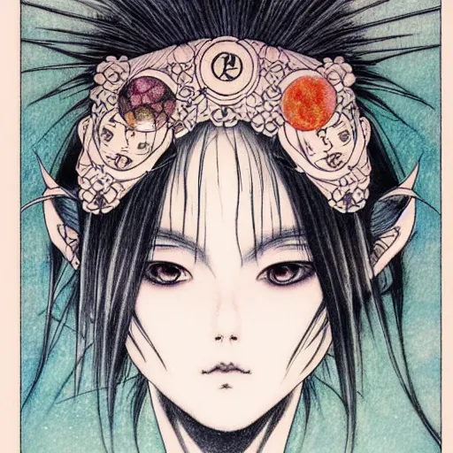 Image similar to prompt: Fragile looking character soft light portrait face drawn by Takato Yamamoto and Katsuhiro Otomo, tattooed face, inspired by Sailor Moon anime, alchemical objects on the side, soft light, intricate detail, intricate gouache painting detail, sharp high detail, manga and anime 2010