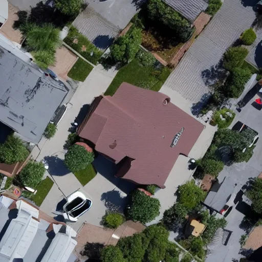 Prompt: a drone hovering over on a suburban residential building rooftop