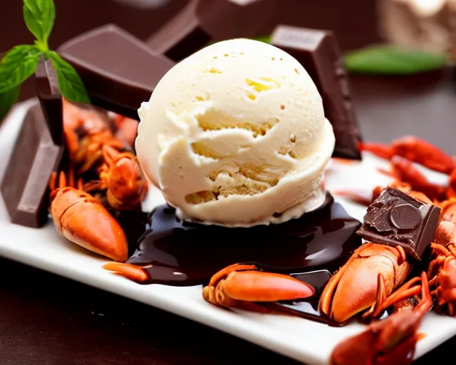 Image similar to dslr food photograph of vanilla ice cream with crawfish, some chocolate sauce, 8 5 mm f 1. 4