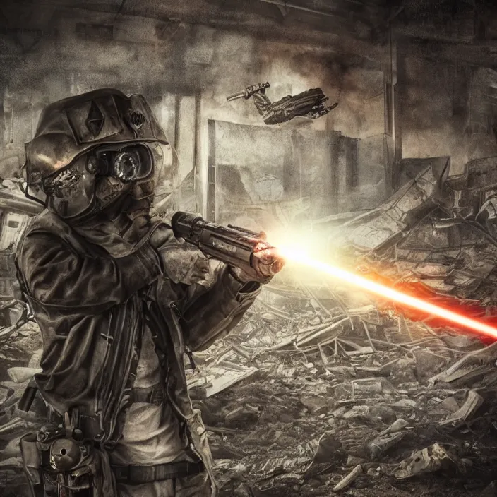 Image similar to gritty hooded apocalyptic man firing laser - rifle in destroyed airport, hyper - detailed, smooth, sharp focus, 4 k ultra hd, fantasy dark art, apocalyptic art