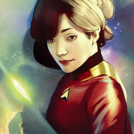 Image similar to female star trek captain, disney style, finely detailed features, gapmoe yandere grimdark, trending on pixiv fanbox, painted by greg rutkowski, makoto shinkai, takashi takeuchi, alphonse mucha, akihiko yoshida