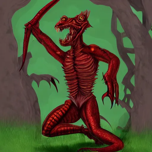 Prompt: big butcher anthropomorphic male lizardfolk posing scarily, scary angry pose, covered in blood, fresh kill, cleaver, in a forest, earie setting, lovecraft, eldritch, horror, hyperdetailed, furaffinity, deviantart, anthro art