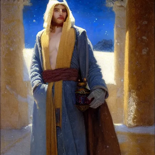 Prompt: a young, androgynous wizard with beautiful robes in an arctic temple, highly detailed painting by gaston bussiere, craig mullins, j. c. leyendecker, 8 k