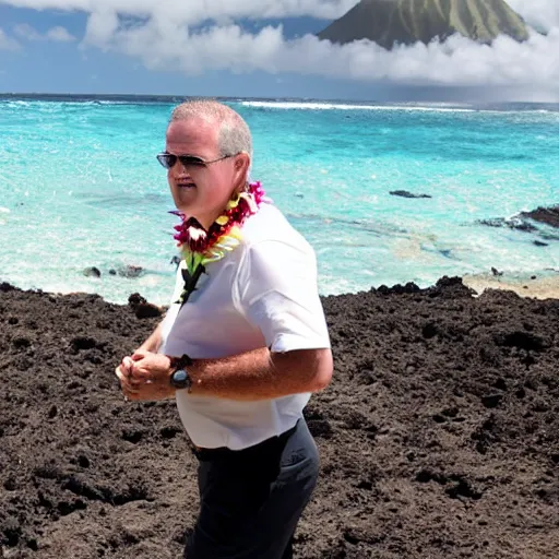 Image similar to Scott Morrison on vacation in Hawaii, apocalyptic background