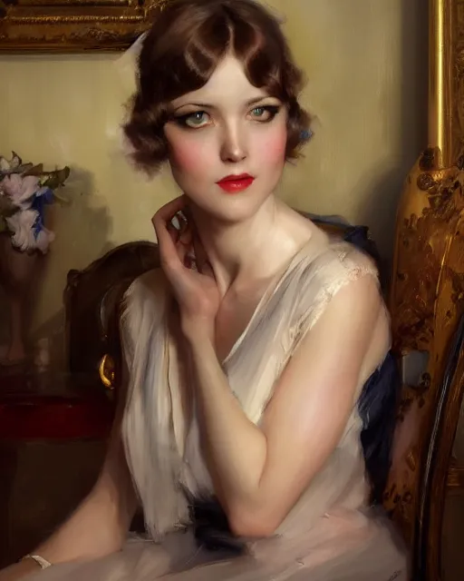 Prompt: daniel gerhartz and artgerm portrait painting of a 1 9 2 0 s beautiful woman at a party in a mansion, mansion interior in the background, unreal engine, hyper realism, realistic shading, cinematic composition, realistic render, octane render, detailed textures, photorealistic, ultrawide shot, 3 5 mm film