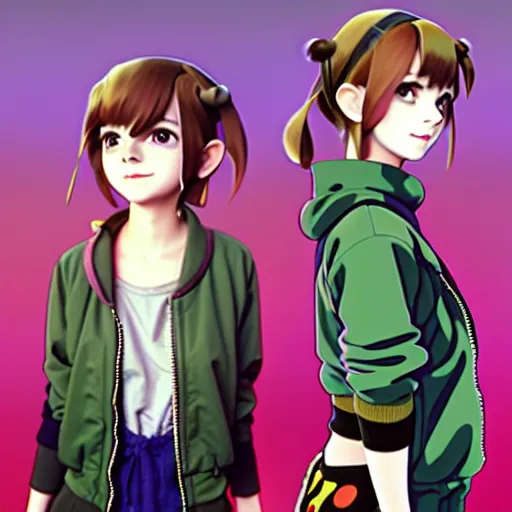 Image similar to beautiful boyish emma watson in majora's mask, wearing oversized mayan bomber jacket with overalls and leotard, bulky poofy bomber jacket with mayan patterns, aztec street fashion, gapmoe yandere grimdark, trending on pixiv fanbox, painted by greg rutkowski makoto shinkai takashi takeuchi studio ghibli, akihiko yoshida