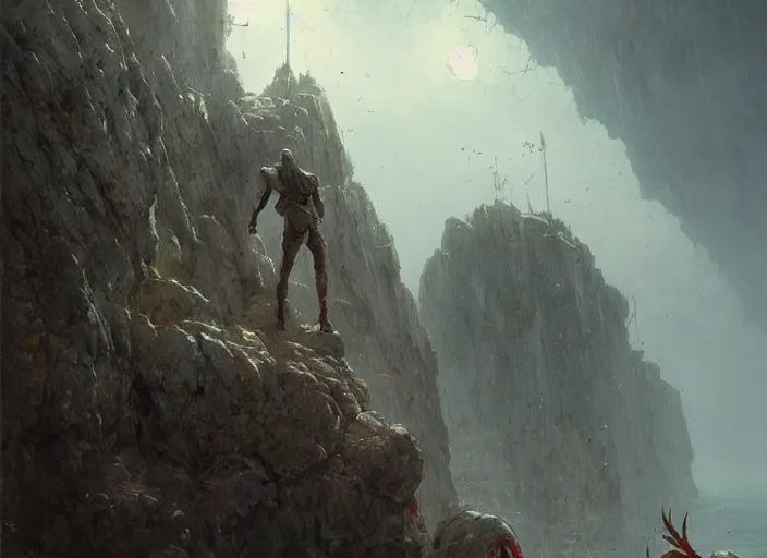 Prompt: a giant dull colored crustacean lobster crab monster with huge claws in a rocky chasm. a man stands in the distance dreamy fantasy art by greg rutkowski