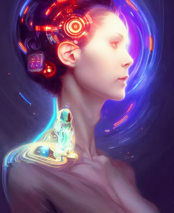 Image similar to a whirlwind of souls rushing inside the metaverse, hologram, half body, neurochip, shaved temple, piercing, jewelry, android, cyborg, cyberpunk face, by loish, d & d, fantasy, intricate, elegant, highly detailed, colorful, digital painting, artstation, concept art, art by artgerm and greg rutkowski and alphonse mucha