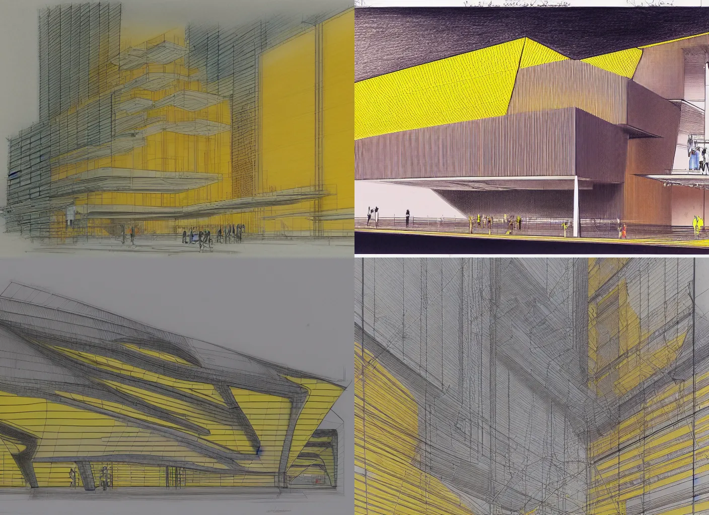 Prompt: architectural sketching of facade of the cyberpunk japanese by norman foster + zaha hadid, pastel color, extremely detailed, architecture drawing, drawing, line drawing, oil on copper sheet, pastel color, yellow and ornage color scheme