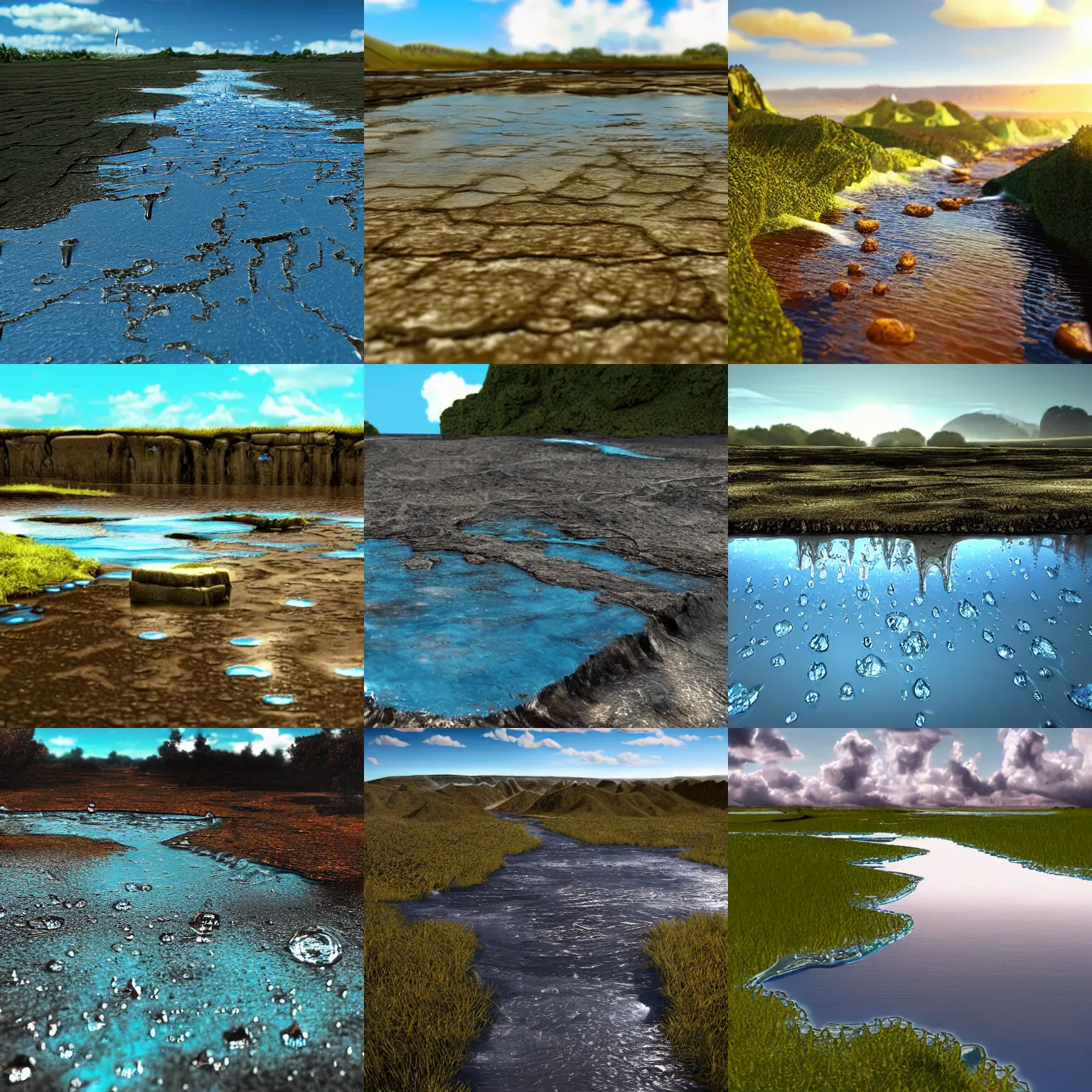 Prompt: water dripping up from a river into the blue sunny sky, desolate land, hyper detailed photorealistic