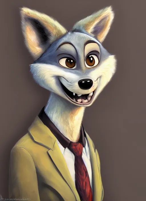 Image similar to oil painting of anthromorphic female wolf, in style of zootopia, female fursona, furry, furaffinity, 4 k, deviantart, furry art, fursona art, wearing black business suit, business suit, wolf fursona, female, very expressive detailed feminine face,