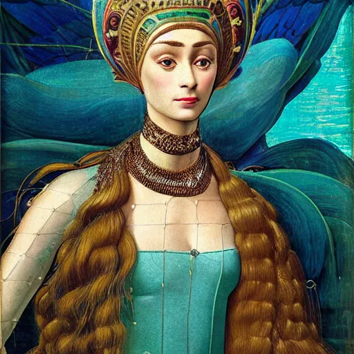 Prompt: intricate detail, hyper detail, nefertiti, african sybil, lady of elche techno mystic princess intergalactica, wearing labradorite body armor, hazel green eyes, teal eyebrows, with neon aqua rapunzel hair,, by sandro botticelli, gaston bussiere, h. r. giger, masterpiece, sharp focus,