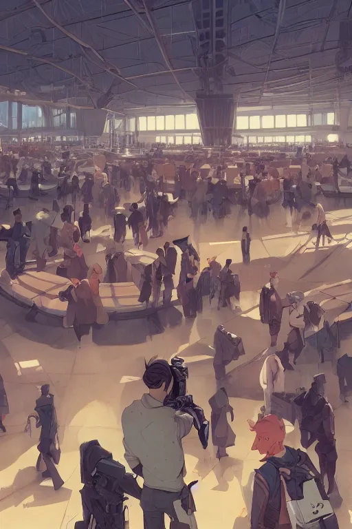 Image similar to inside a crowded dystopian airport behance hd artstation by jesper ejsing, by rhads, makoto shinkai and lois van baarle, ilya kuvshinov, ossdraws, that looks like it is from borderlands and by feng zhu and loish and laurie greasley, victo ngai, andreas rocha