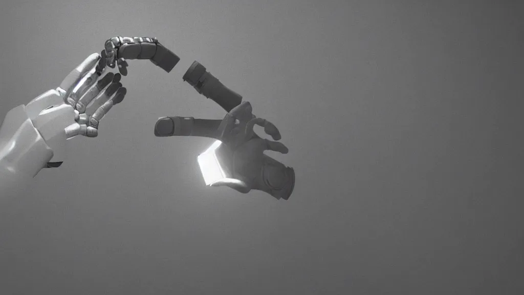 Image similar to movie scene of a robot extending hand, movie still, cinematic composition, cinematic light, by david lynch