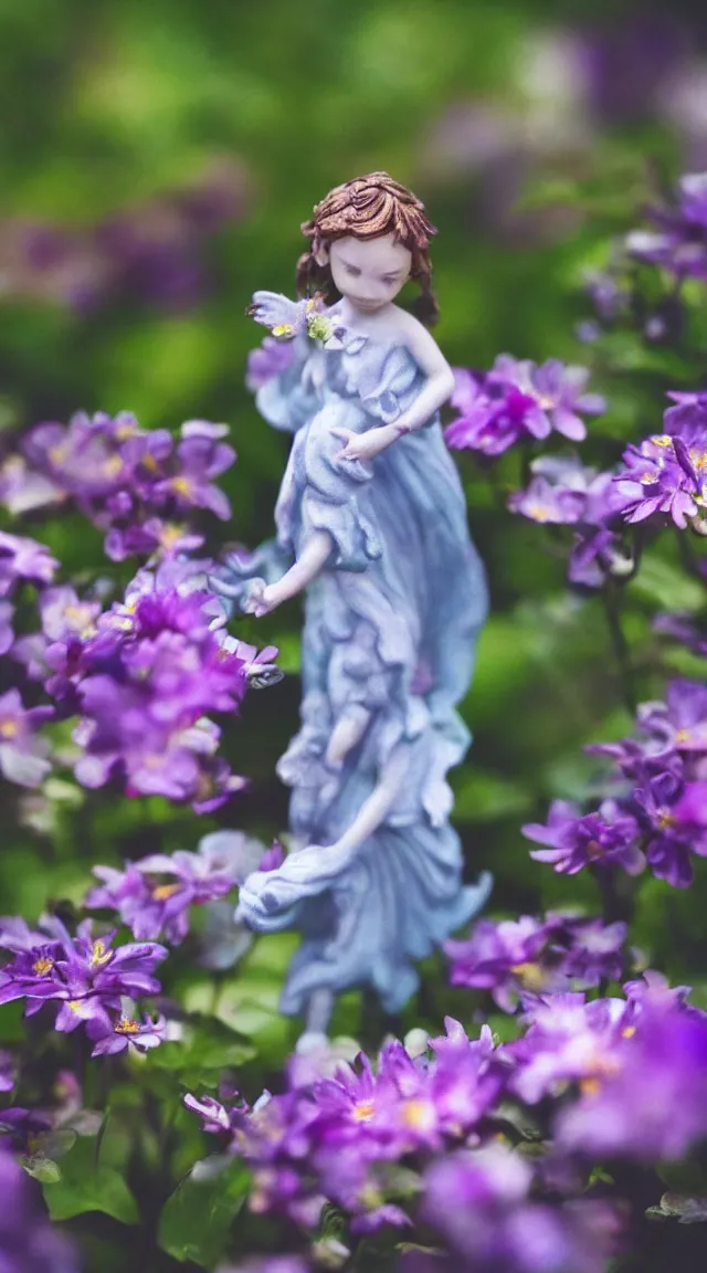 Image similar to tiny angel in a garden, hyper detailed, sharp focus, bokeh, unreal engine, ray tracing, cute, fantasy, sci fi, purple flowers, blue flowers, violet flowers, glowing flowers, tiny, small, hyper realistic, sky, spinning rings with eyes