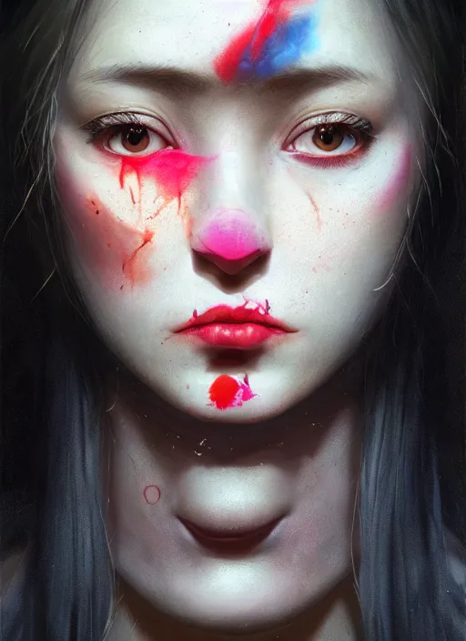 Image similar to portrait of sinister girl with pouty aerochrome lips, fungal, unforgivable, cute bandaid on nose!!, expressive eyes, full body, deathly skin, greg rutkowski, charlie bowater, yuumei, stephen gammell, unreal 5, daz, hyperrealistic, octane render, rpg portrait, dynamic lighting, fantasy art, beautiful face