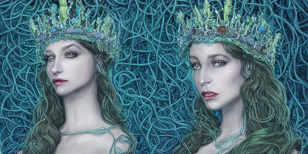 Prompt: portrait of the queen of snakes, pale blue, emerald, sapphire, wearing a crown of vines, moonlit, dark fantasy, artstation