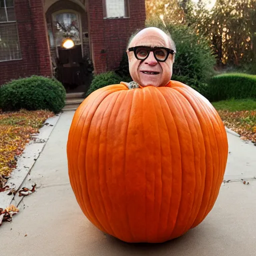 Prompt: photograph of danny devito wearing pumpkin costume, full - body pumpkin costume, 4 k