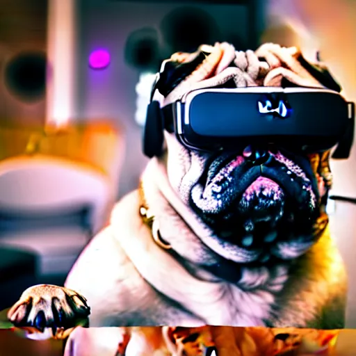 Image similar to film still medium shot a pug wearing a vr headset in a coffee shop, leica sl 2 5 0 mm, vivid color, high quality, high textured, real life