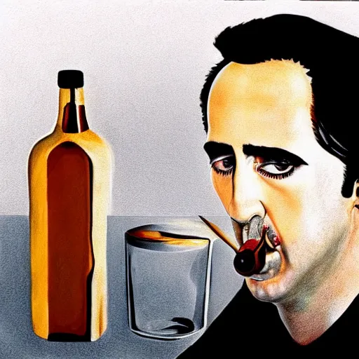 Image similar to Drinking from bottle liquid with face Nicolas Cage, Surrealism, Surreal drawing, Digital art, from artstation, art by Salvador Dali