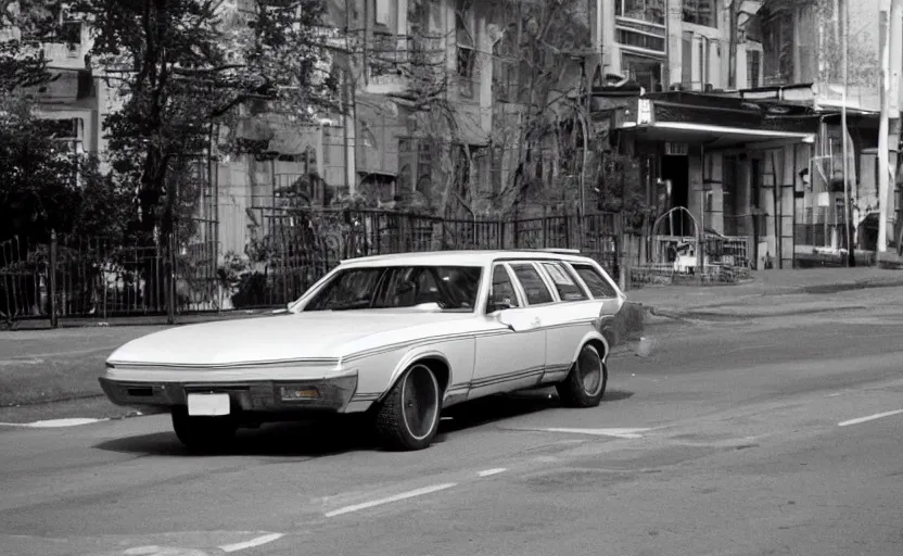 Prompt: a 1970s station wagon on the street