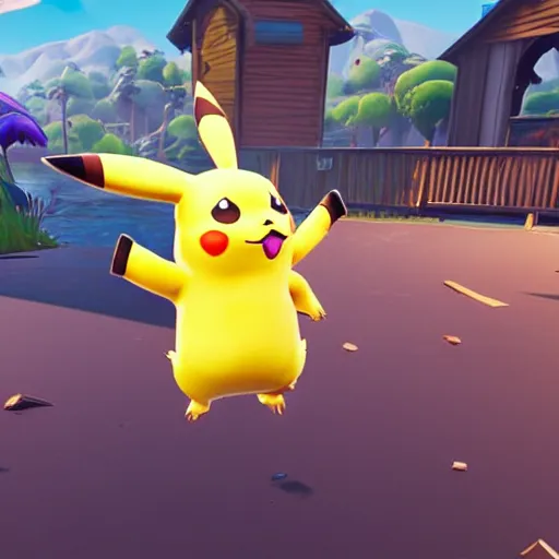 Prompt: screen shot from fortnite pikachu in fornite holding shotgun ray tracing 3 d cgsociety dramatic lighting