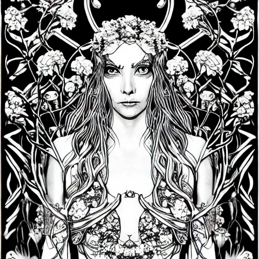 Prompt: a NeoPagan Goddess of Spring, inside her temple, in a style blend of Æon Flux and Botticelli, hyper detailed, photorealistic digital art, ethereal, extremely fine inking lines