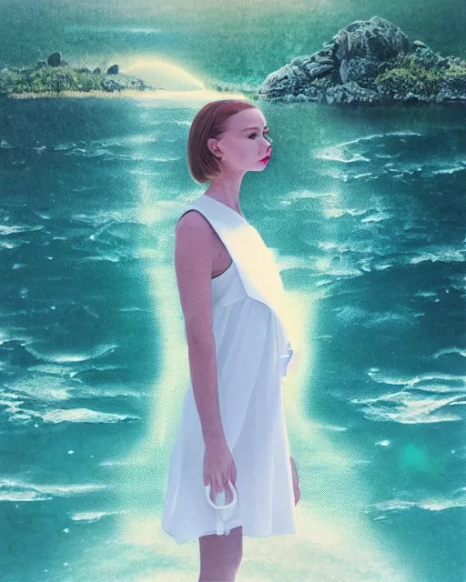 Image similar to a woman in a white dress standing in the water, an album cover by stanley twardowicz, trending on cg society, retrofuturism, retrowave, chillwave, synthwave