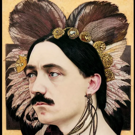 Image similar to highly detailed portrait of adolf hitler as a beautiful cute girl with feathers, endless black hair, with pale skin, fibonacci, fragile, sitted on an intricate stone throne by alphonse mucha, nicola samuri, dino valls, m. w. kaluta, rule of thirds, seductive look, 4 k resolution