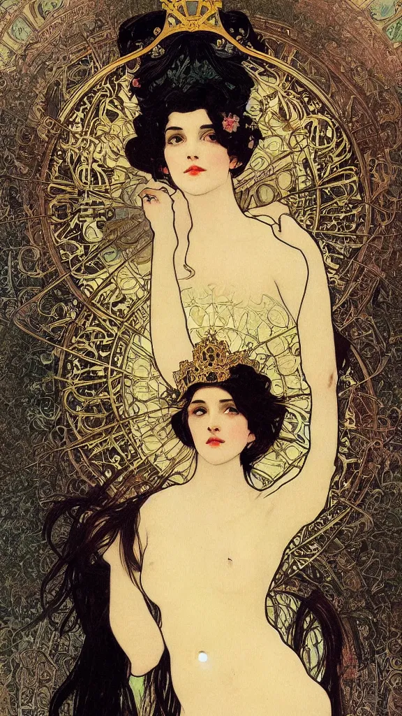 Image similar to portrait of a beautiful black haired woman with pale skin and a crown on her head sitted on an intricate metal throne, artwork by alphonse mucha