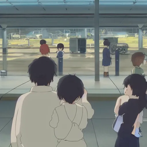 Image similar to A family saying goodbye to their children at a busy airport, by Dice Tsutsumi, Makoto Shinkai, Studio Ghibli