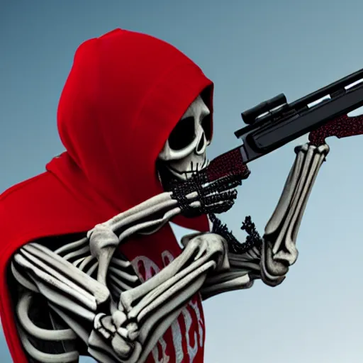 Image similar to a skeleton in a red hoodie with a rifle ultrarealism