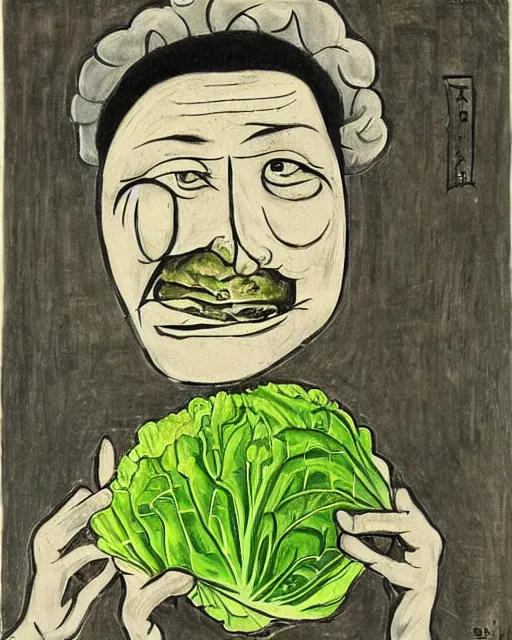 Prompt: painting of a man with a cabbage in the place of his head, masterpiece, painted by Bernard Buffet