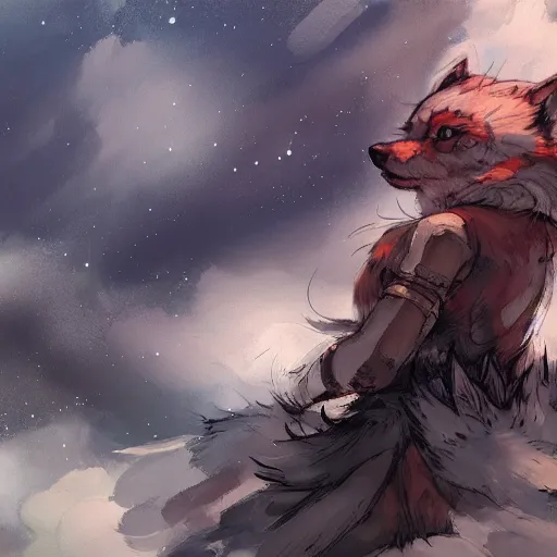 Prompt: concept art of anthropomorphized wolf night sky themed, highly detailed painting by dustin nguyen, akihiko yoshida, greg tocchini, 4 k, trending on artstation, 8 k