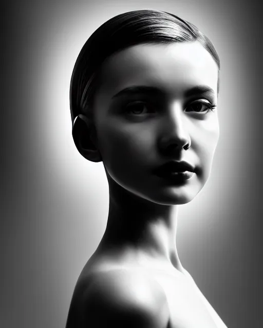 Image similar to black and white dreamy young beautiful female nuclear - cyborg high quality portrait photo, microchip skin, artificial intelligence, cinematic, rim light, photo - realistic, elegant, high detail, 8 k, masterpiece, high fashion, photo taken in 1 9 3 0