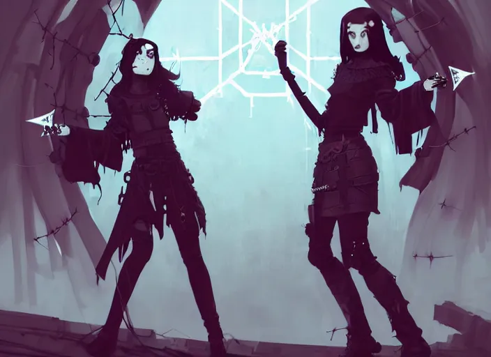 Image similar to two cute goth maiden girls with crown of thorns and white short hairs, dressed in leather belts, warhammer, cyberpunk, by atey ghailan, by greg rutkowski, by greg tocchini, by james gilleard, by joe gb fenton, by kaethe butcher, dynamic lighting, gradient light blue, brown, blonde cream and white color in scheme, grunge aesthetic